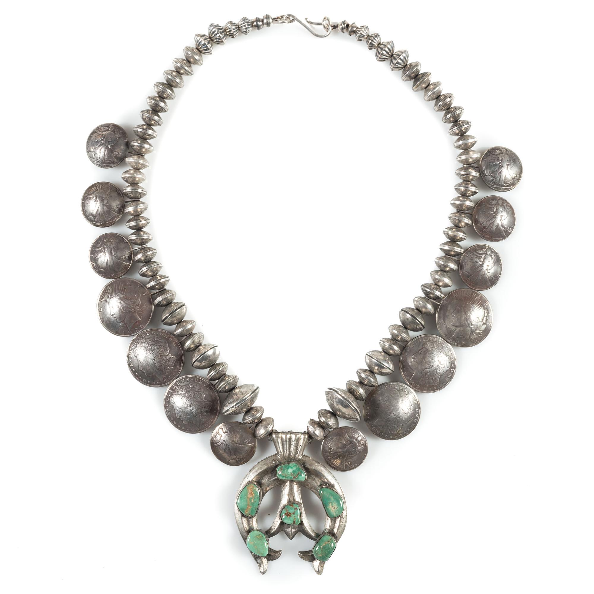 Navajo Turquoise and Coin Squash Blossom Necklace