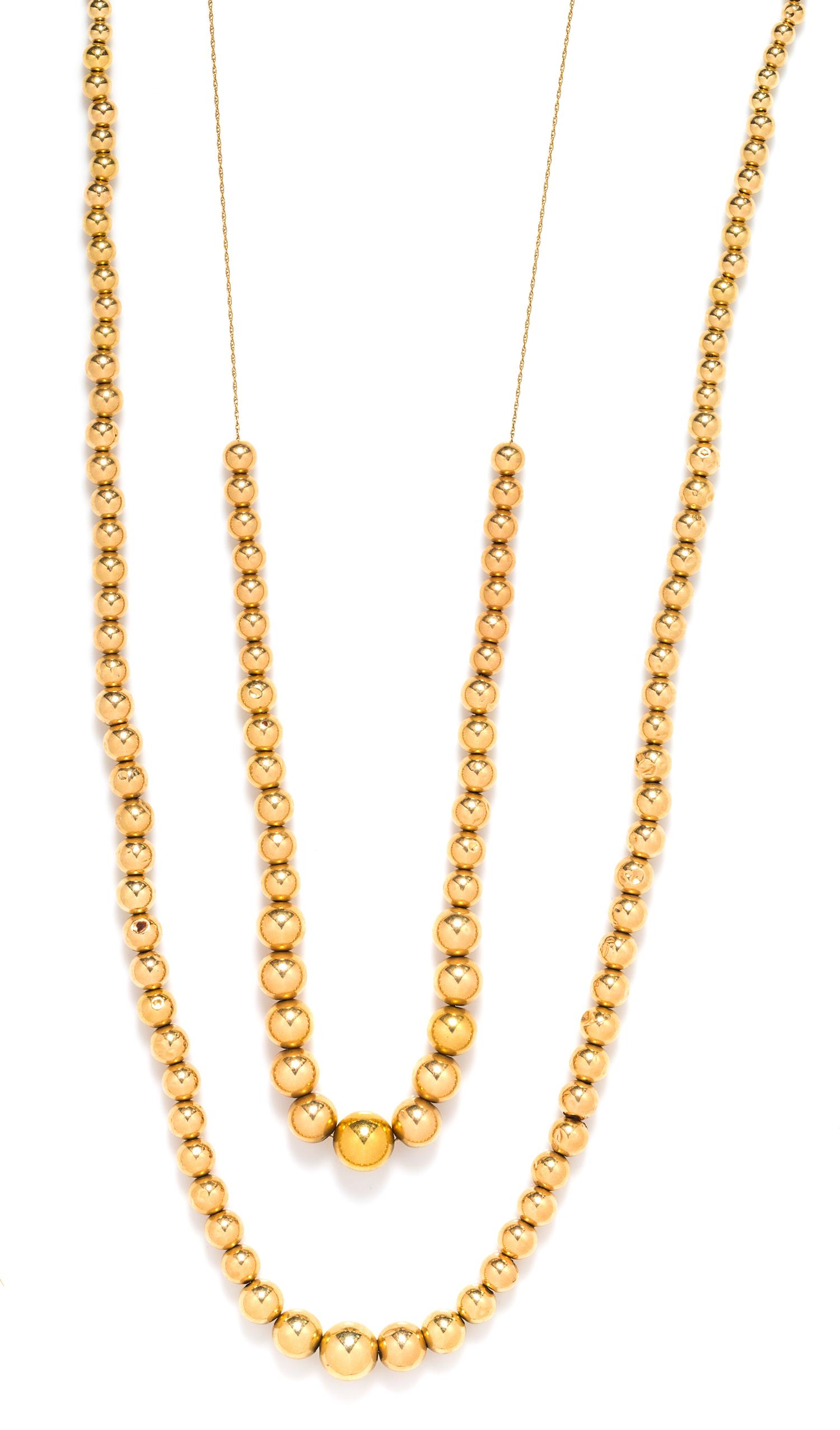 A Collection of Yellow Gold Bead Necklaces, 13.00 dwts.
