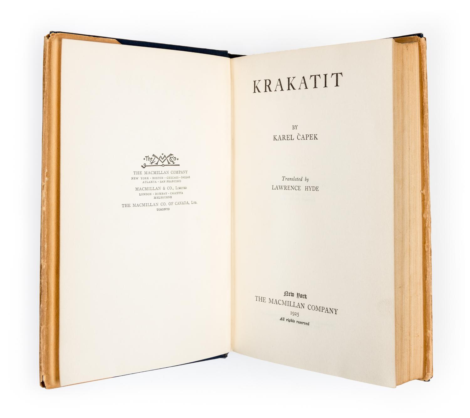 CAPEK, KAREL. Krakatit. New York, 1925.