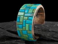 Sterling Silver Cuff Bracelet, with Turquoise and Gaspite Cobblestone Inlay