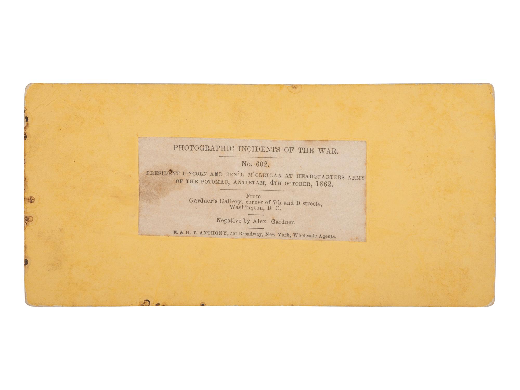 [LINCOLN, Abraham (1809-1865)]. GARDNER, Alexander, photographer. President Lincoln and Genl'l M'Clellan at Headquarters Army of the Potomac, Antietam, 4th October, 1862. New York: E. & H. T. Anthony.
