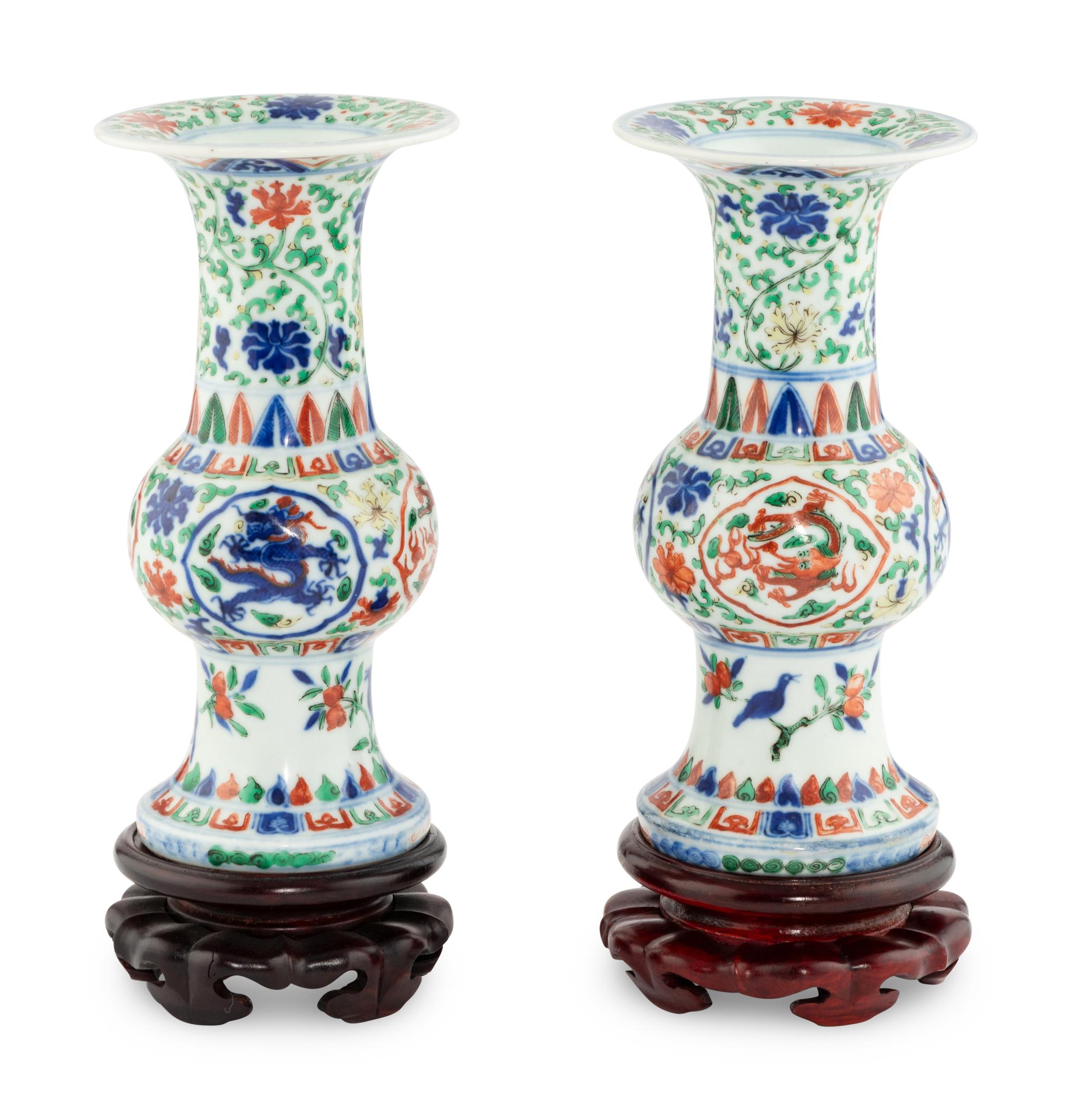 A Pair of Chinese Wucai Porcleain Gu Vases
