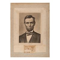 Lincoln, Abraham (1809-1865). Autograph note signed ("A. Lincoln"), [Washington, D.C.], 29 December 1864.