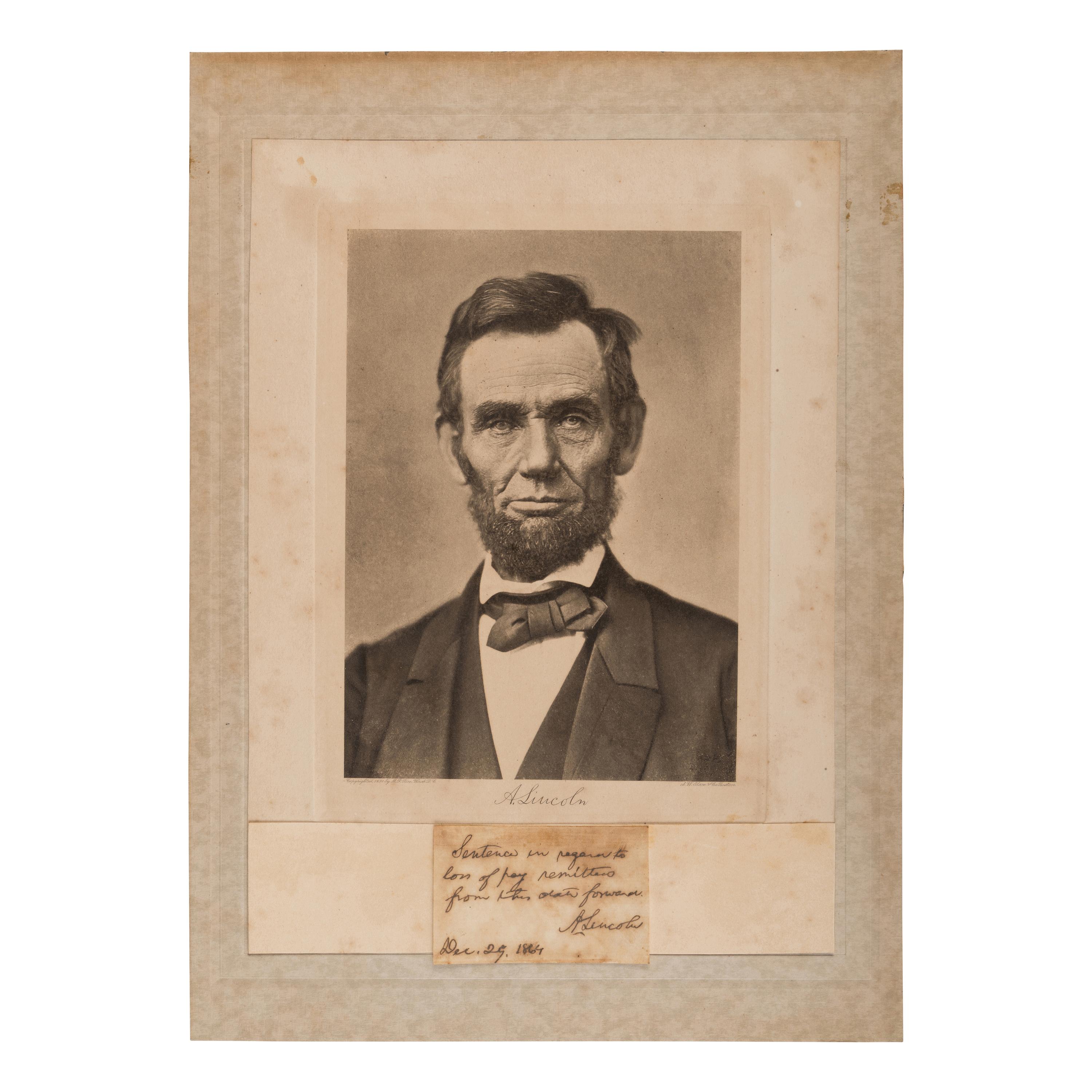 Lincoln, Abraham (1809-1865). Autograph note signed ("A. Lincoln"), [Washington, D.C.], 29 December 1864.