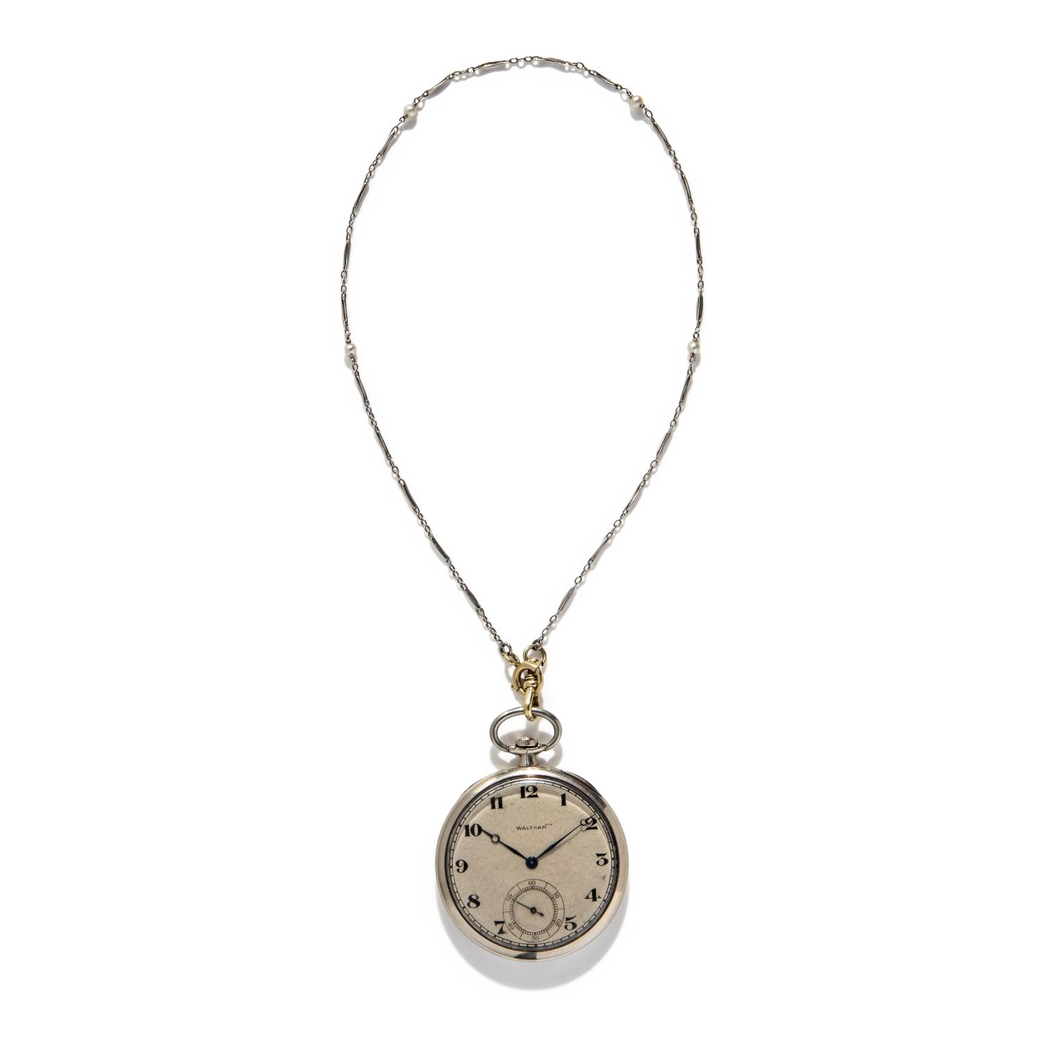 WALTHAM, WHITE GOLD POCKET WATCH WITH PLATINUM AND SEED PEARL CHAIN