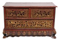 A Chinese Parcel Gilt Red Lacquer Carved Chest on Stand Height 22 x width 36 x depth 16 inches. — 20th CENTURY
