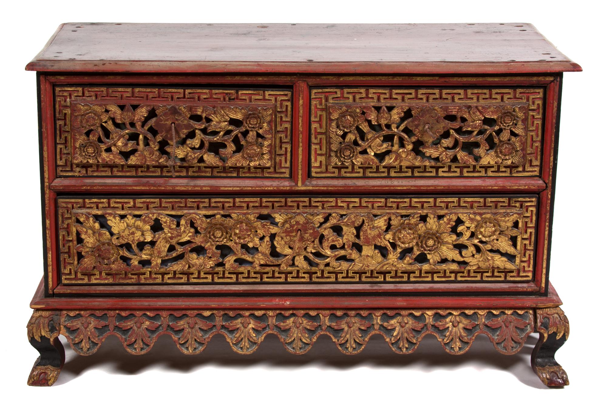 A Chinese Parcel Gilt Red Lacquer Carved Chest on Stand Height 22 x width 36 x depth 16 inches. — 20th CENTURY