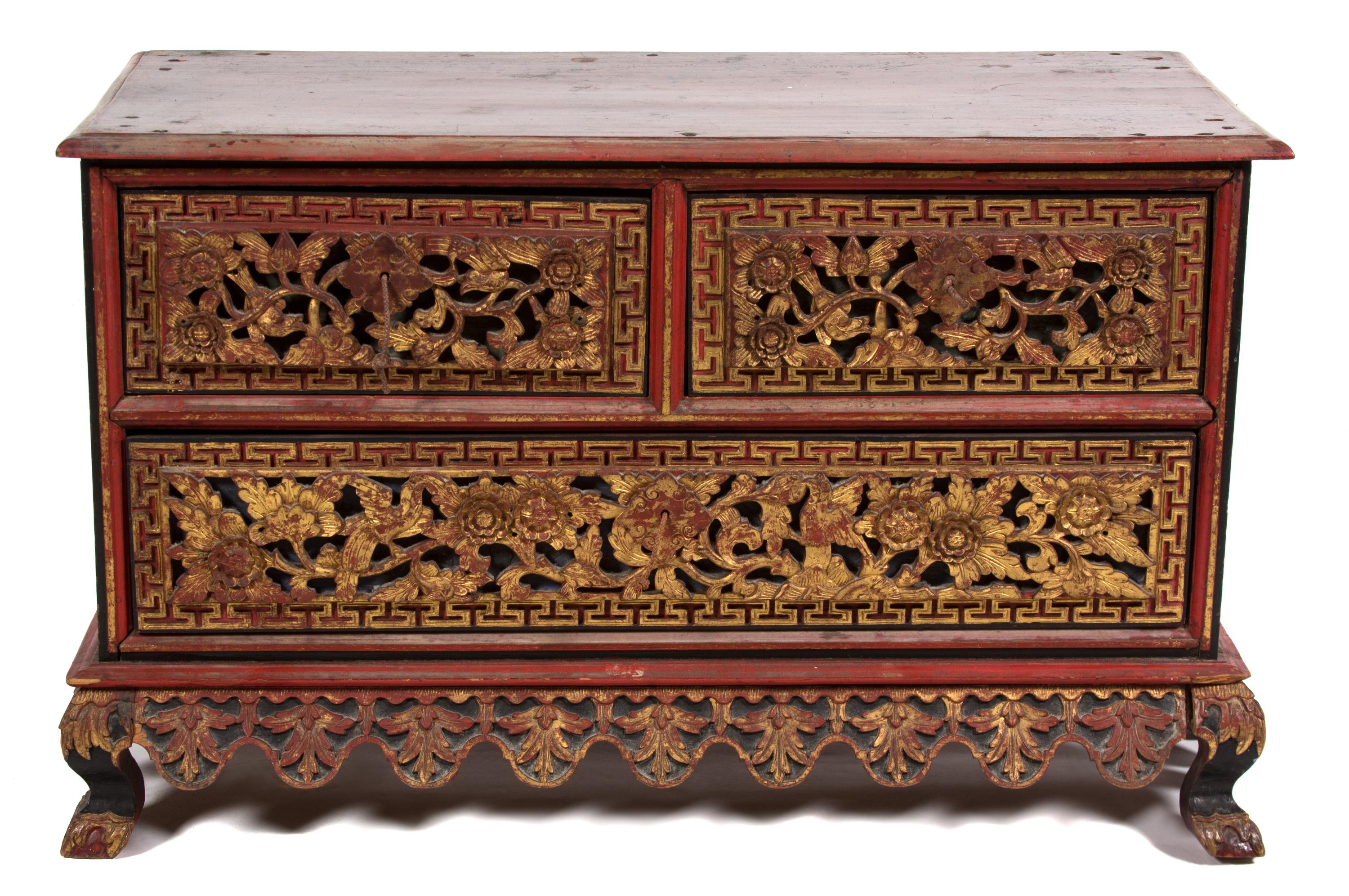 A Chinese Parcel Gilt Red Lacquer Carved Chest on Stand Height 22 x width 36 x depth 16 inches. — 20th CENTURY