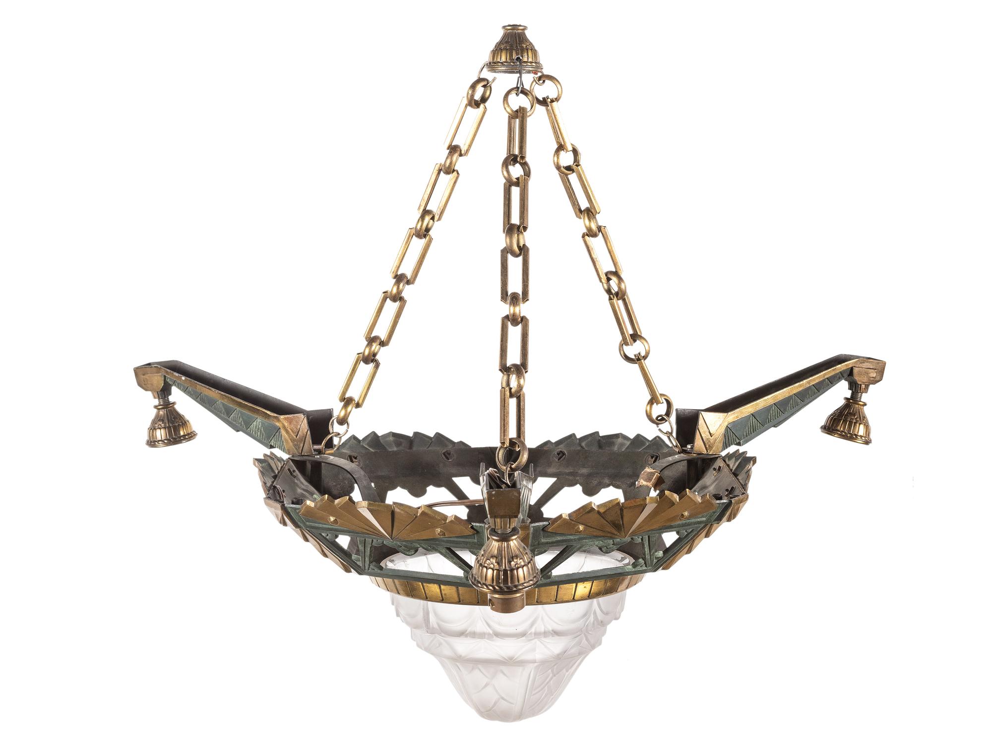 An Art Deco Gilt Metal and Frosted Glass Chandelier