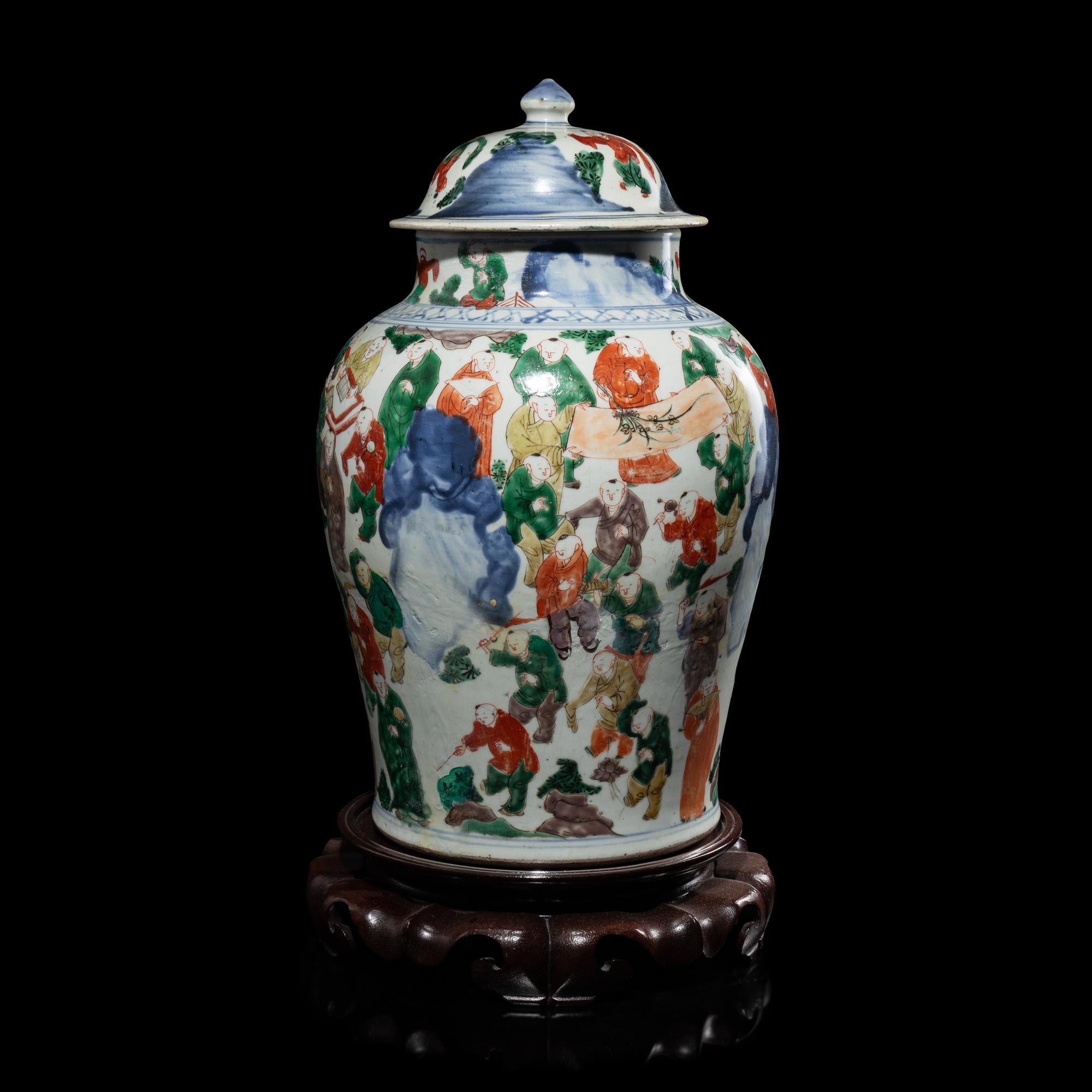 A Chinese Wucai Porcelain 'Boys' General Jar and Cover, Possibly 17th Century 或明末清初 五彩百子圖將軍罐