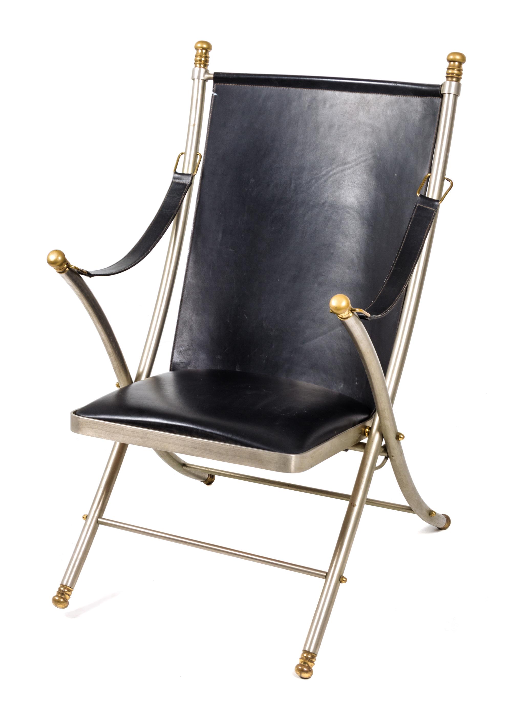 A Modernist Metal and Leather Armchair Height 41 1/4 x width 25 1/2 x depth 28 inches. — MID TO LATE 20TH CENTURY