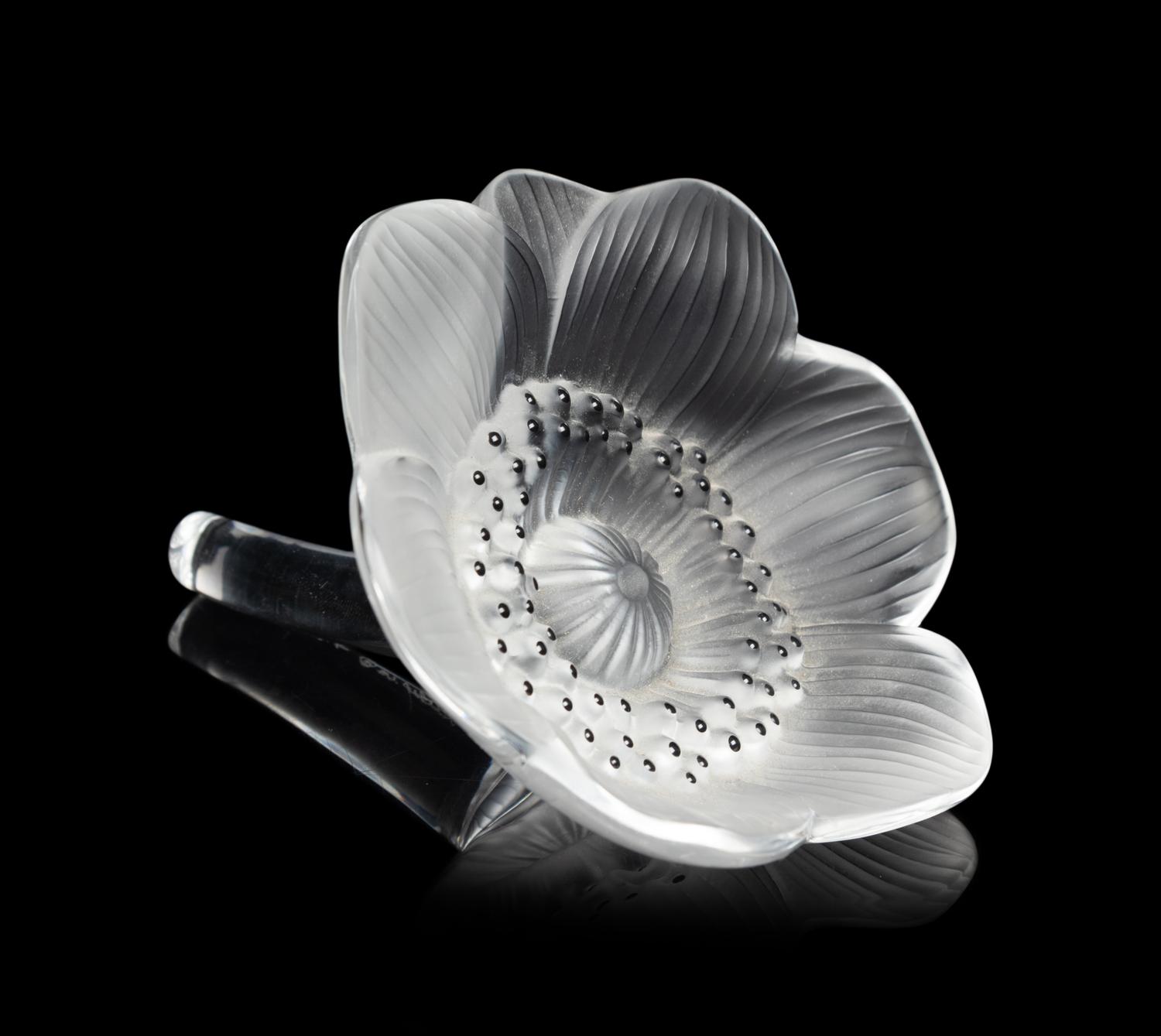 A Lalique Elisabeth Vase, Anemone Ornament and Four Floral Ornaments