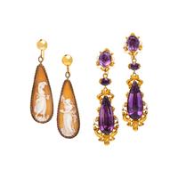 GEORGIAN, CAMEO, AMETHYST, AND LOW KARAT GOLD EARRINGS