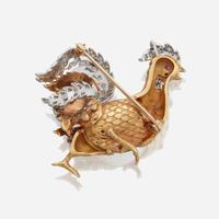A bicolor gold, cultured pearl, diamond, and ruby brooch