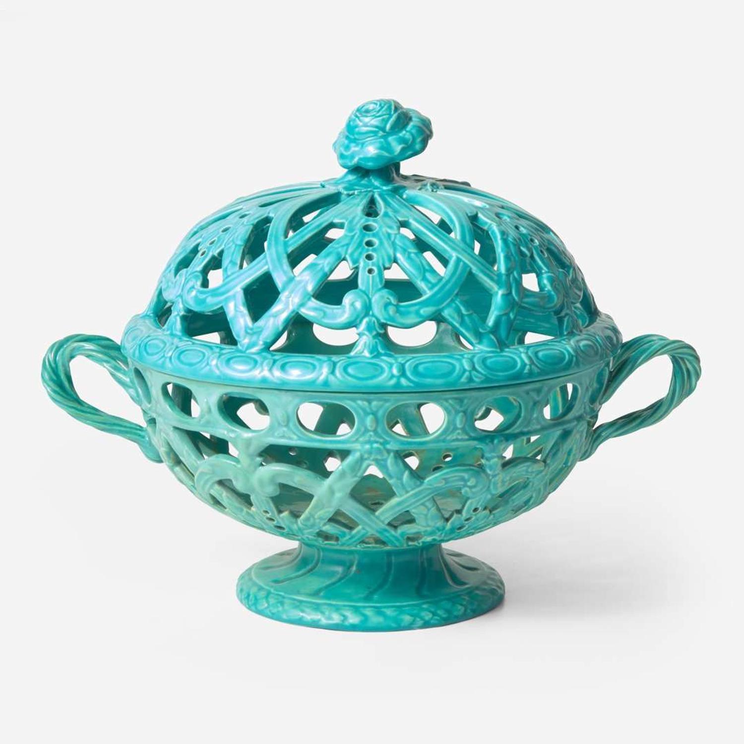 A Wedgwood Pierced Turquoise-Glazed Orange Basket and Cover UK, 1860s
