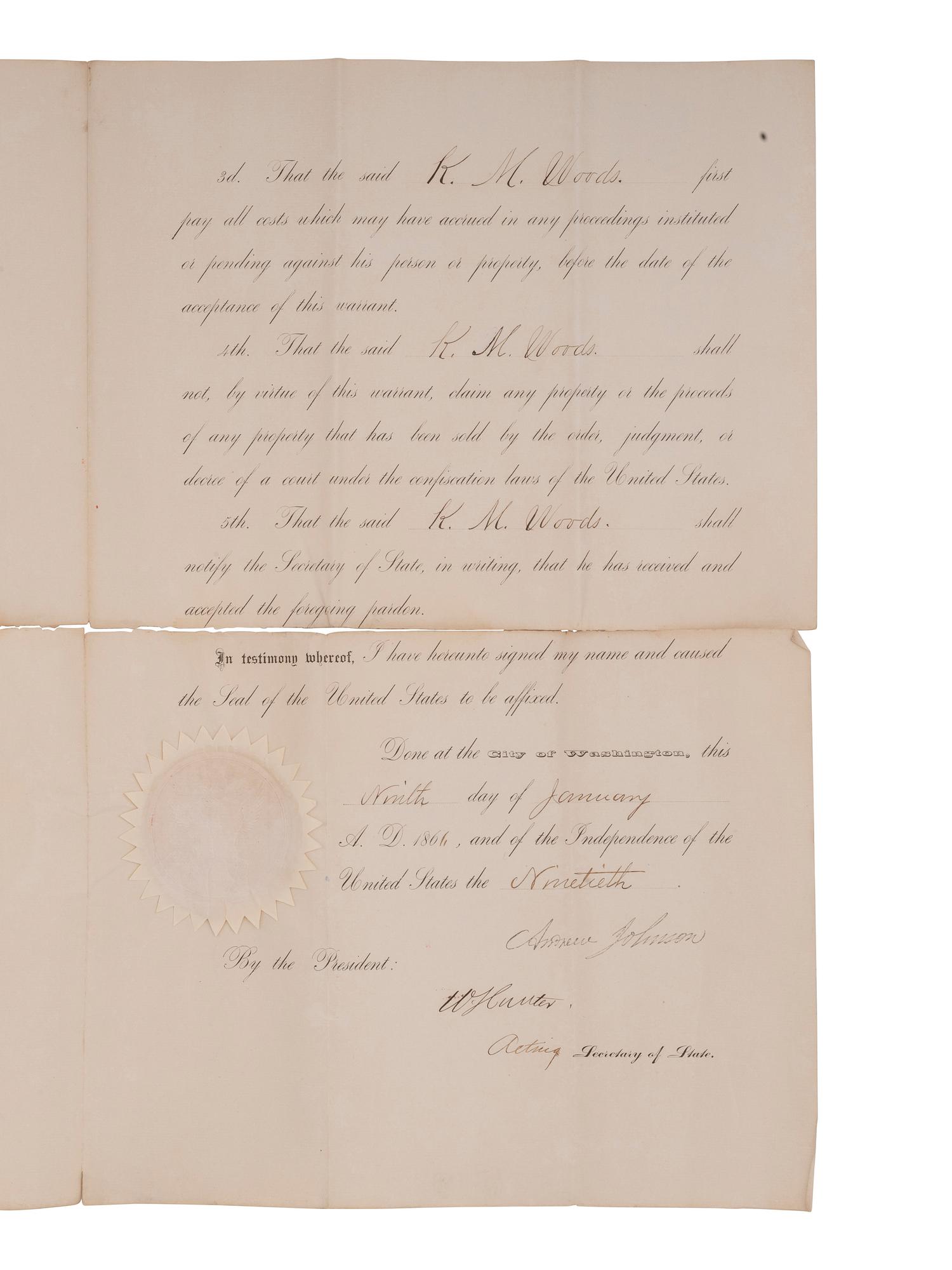 [CIVIL WAR] -- [RECONSTRUCTION] -- JOHNSON, Andrew (1808-1875). A group of three pardons stamp-signed by President Andrew Johnson, two granting amnesty to men associated with Confederate guerillas from Clay County, Missouri.