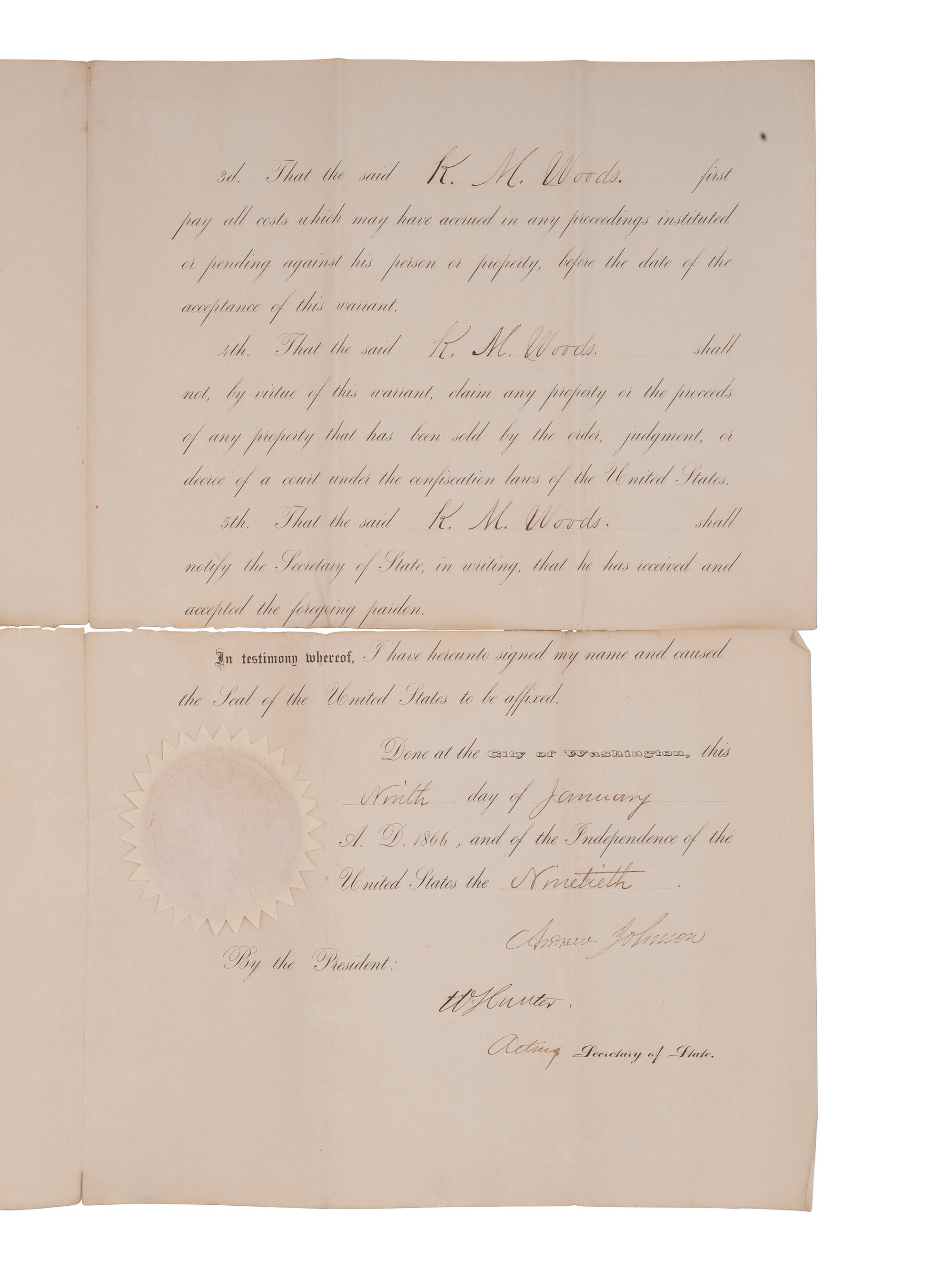 [CIVIL WAR] -- [RECONSTRUCTION] -- JOHNSON, Andrew (1808-1875). A group of three pardons stamp-signed by President Andrew Johnson, two granting amnesty to men associated with Confederate guerillas from Clay County, Missouri.