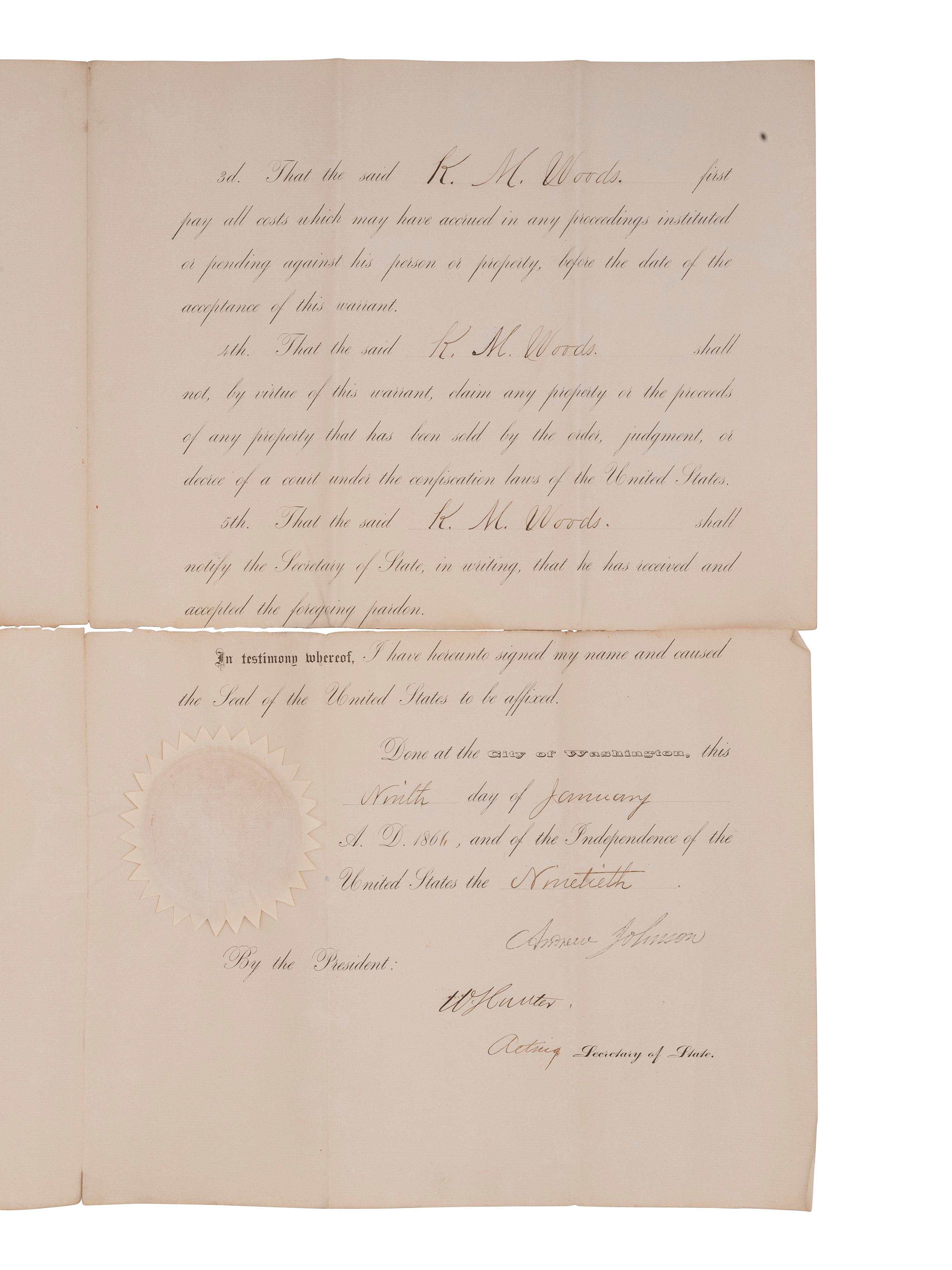 [CIVIL WAR] -- [RECONSTRUCTION] -- JOHNSON, Andrew (1808-1875). A group of three pardons stamp-signed by President Andrew Johnson, two granting amnesty to men associated with Confederate guerillas from Clay County, Missouri.