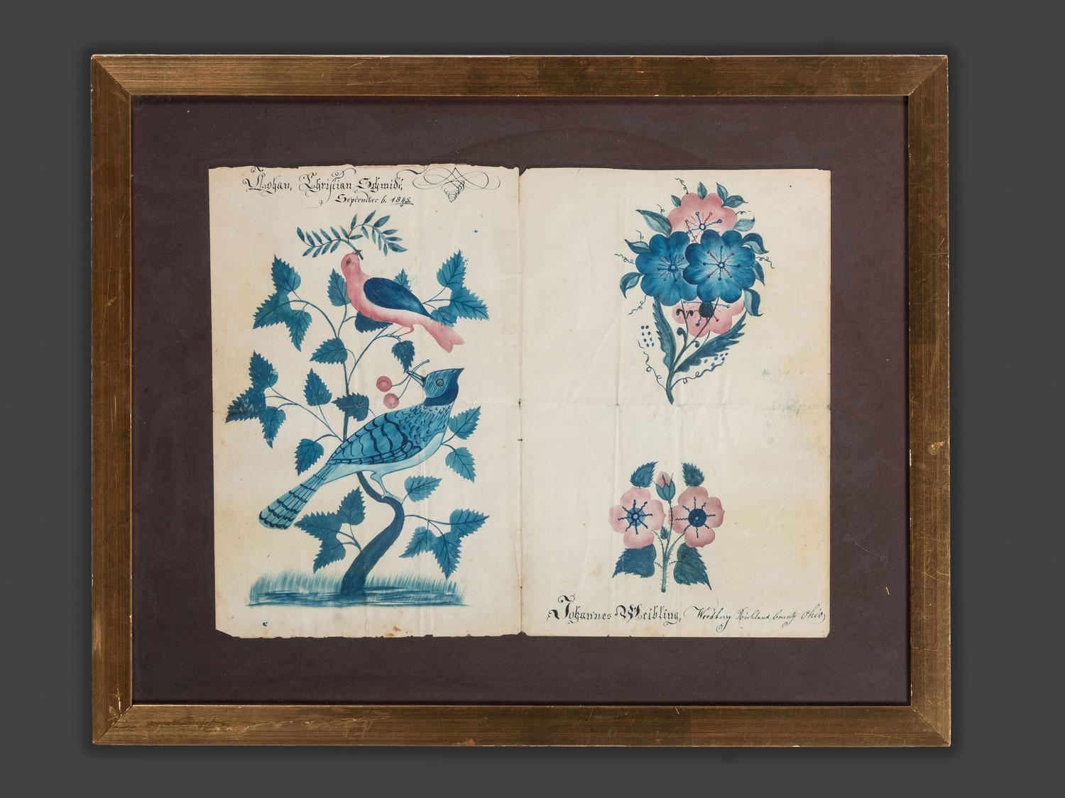 A Folk Art Painting of Birds and Flowers