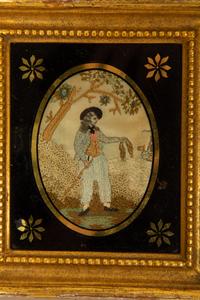 Two English Embroideries in Eglogmise and Giltwood Frames