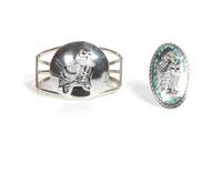 Zuni Silver and Multi-Stone Pictorial Cuff Bracelet and Ring, Quintin Quam Length 5 1/4 x opening 1 1/8 x width 1 5/8 inches