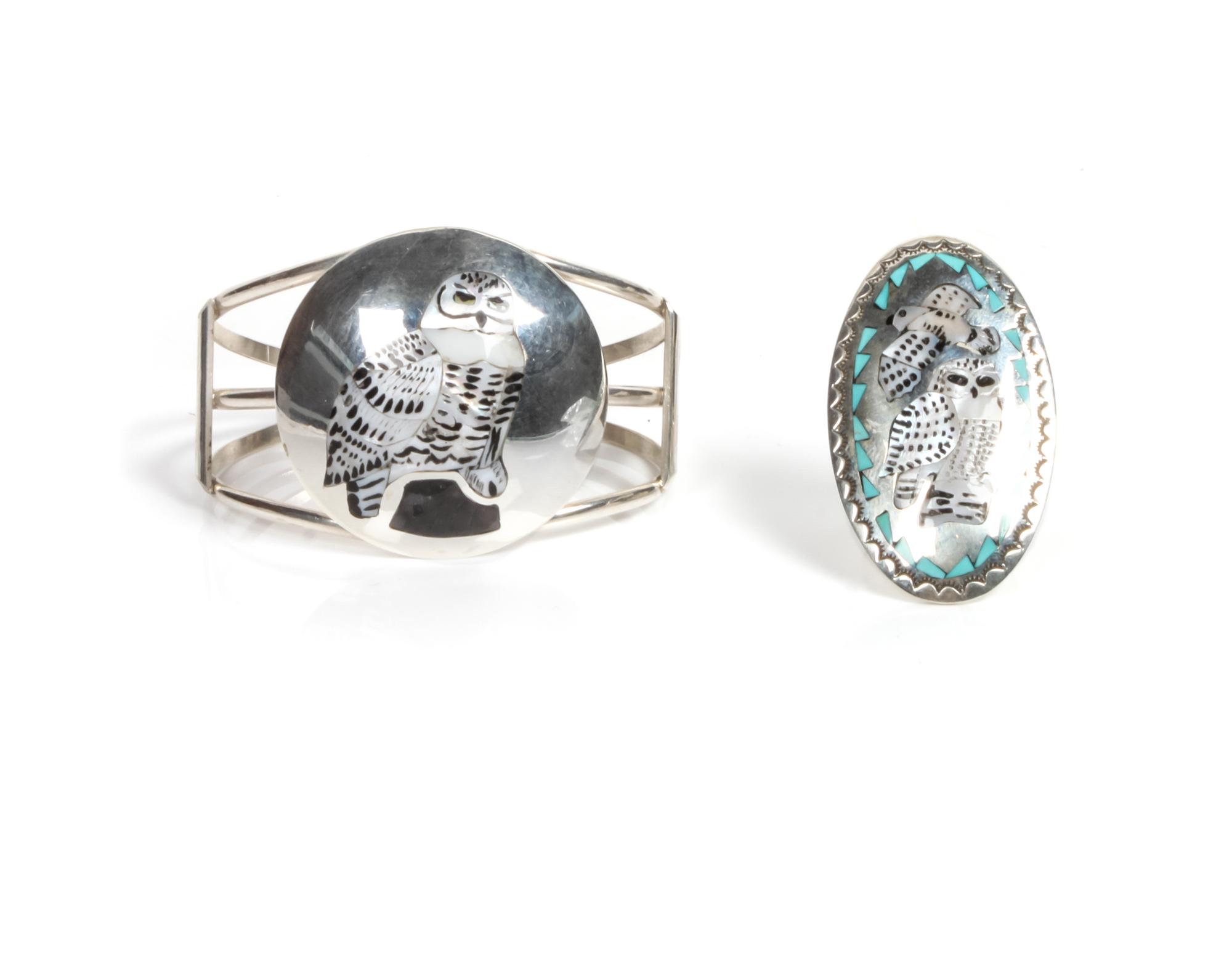 Zuni Silver and Multi-Stone Pictorial Cuff Bracelet and Ring, Quintin Quam Length 5 1/4 x opening 1 1/8 x width 1 5/8 inches