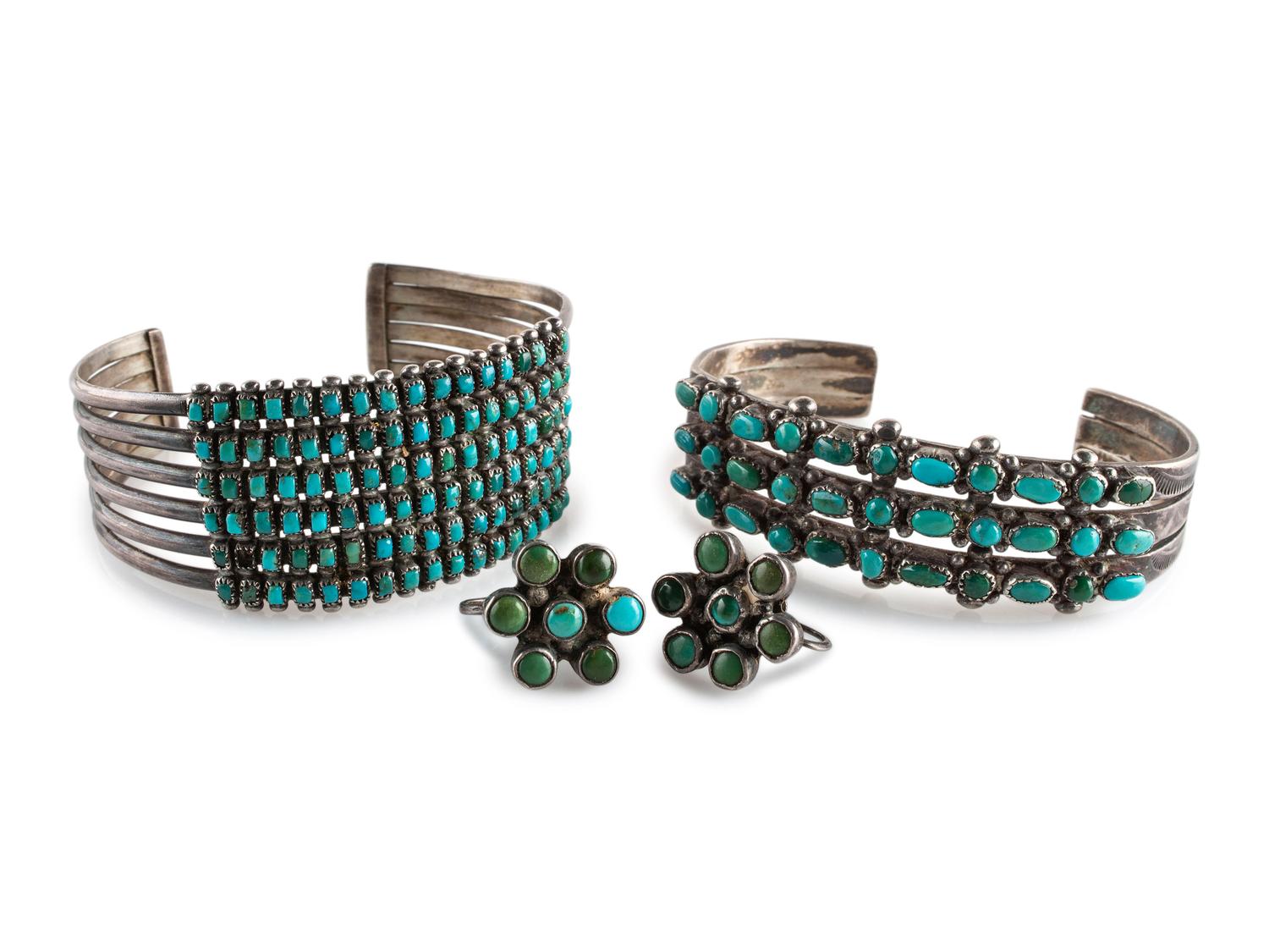 Navajo or Zuni Silver and Petit Point Turquoise Cluster Cuff Bracelets AND Screwback Earrings
