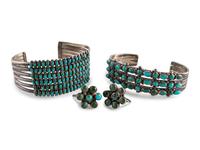 Navajo or Zuni Silver and Petit Point Turquoise Cluster Cuff Bracelets AND Screwback Earrings