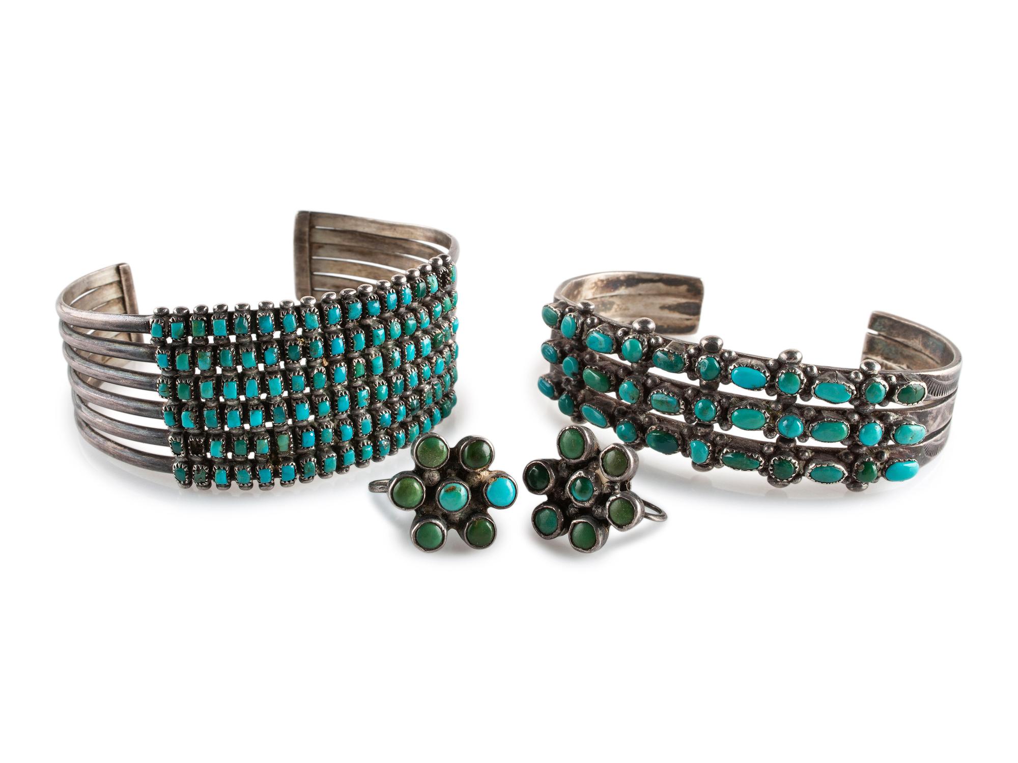 Navajo or Zuni Silver and Petit Point Turquoise Cluster Cuff Bracelets AND Screwback Earrings