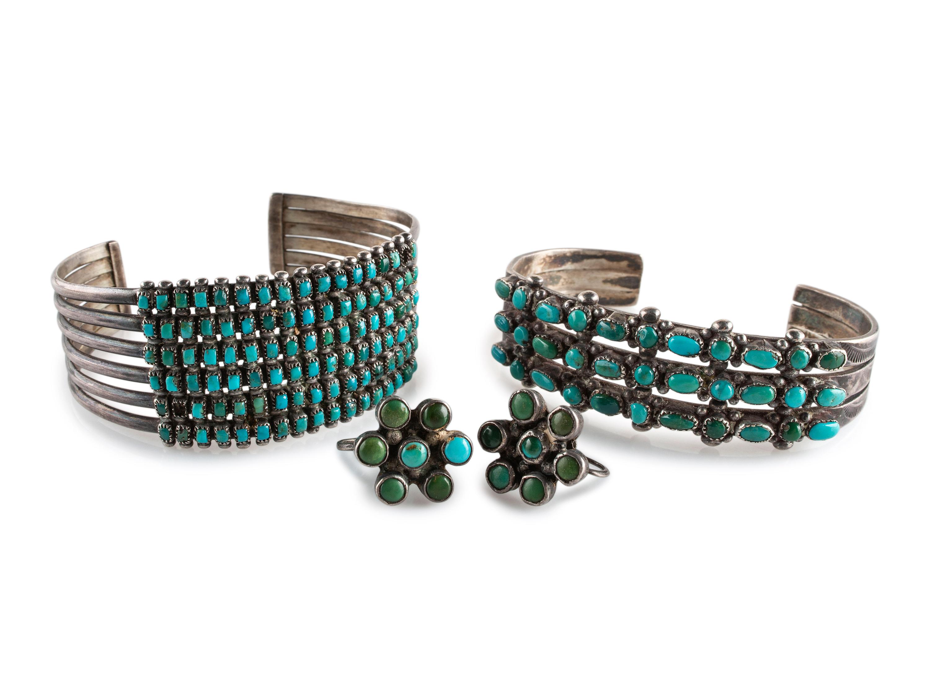 Navajo or Zuni Silver and Petit Point Turquoise Cluster Cuff Bracelets AND Screwback Earrings
