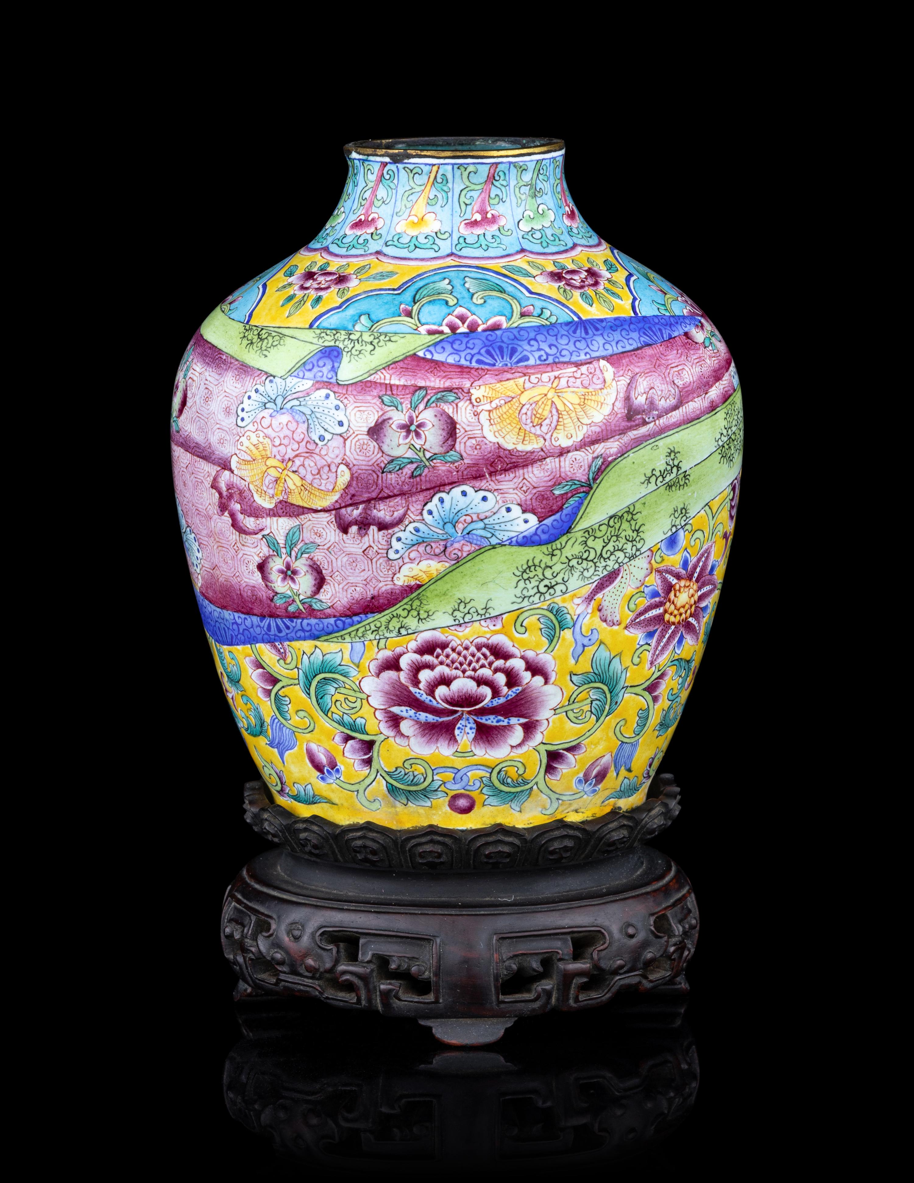 A Famille Rose Painted Enamel on Copper 'Trompe L’oeil' Jar