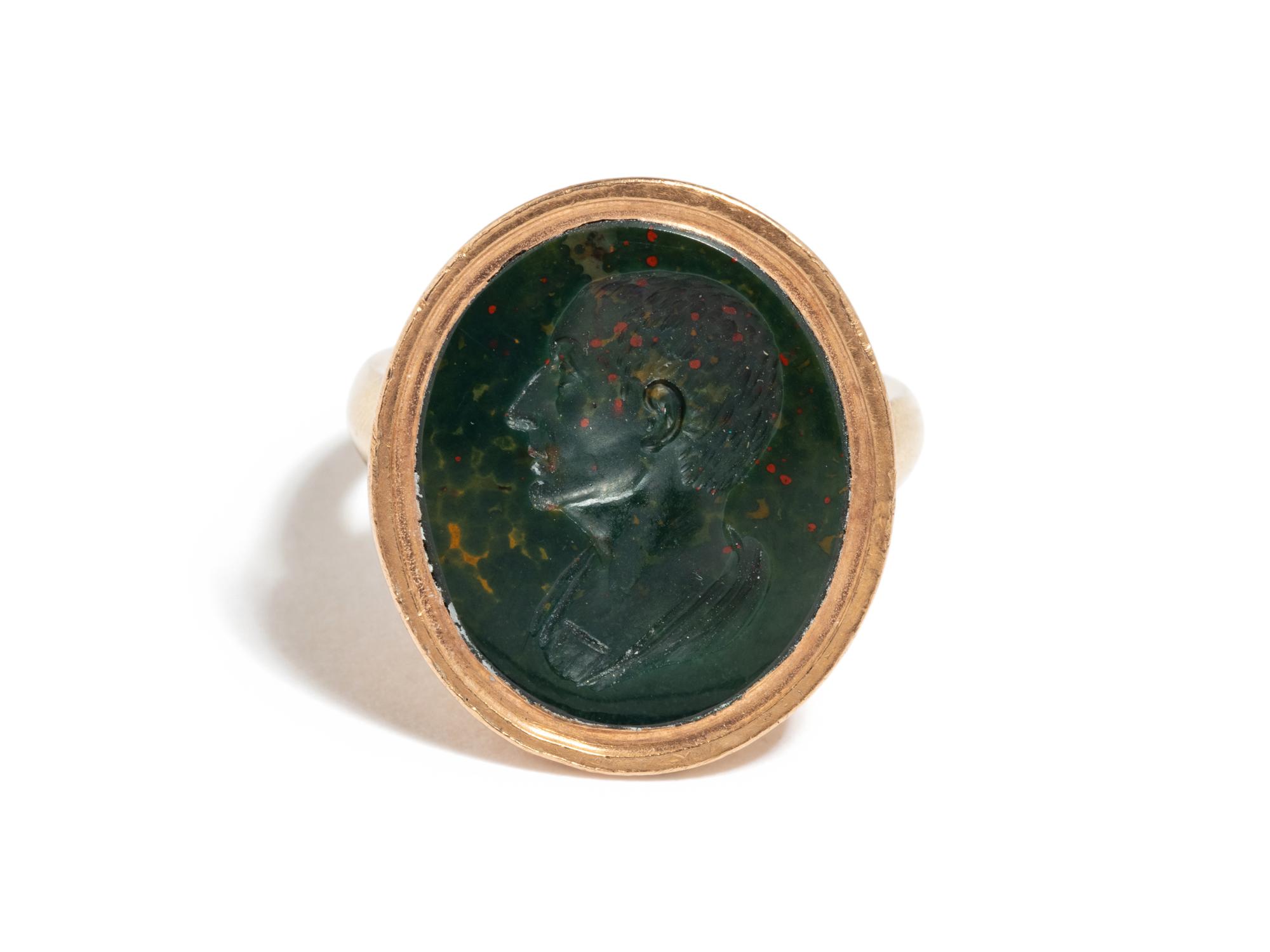 A Neoclassical Gold and Bloodstone Finger Ring with a Portrait Head
