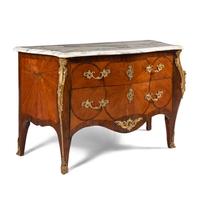 A Louis XV Style Gilt Bronze Mounted Mahogany and Parquetry Marble-Top Bombé Commode