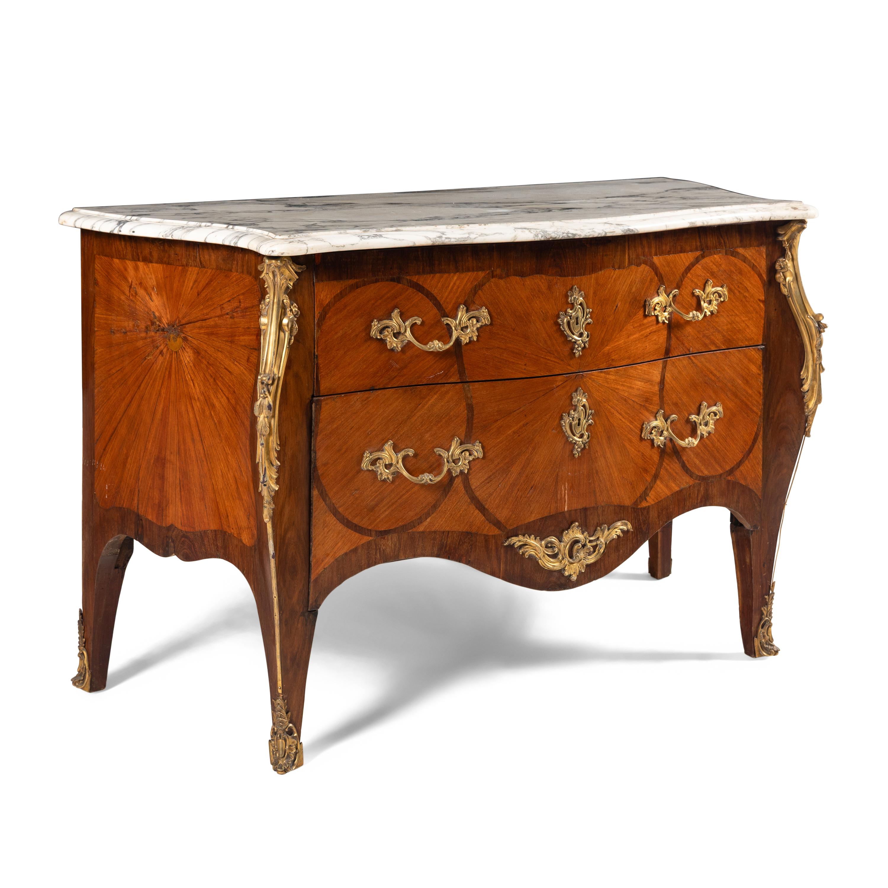 A Louis XV Style Gilt Bronze Mounted Mahogany and Parquetry Marble-Top Bombé Commode