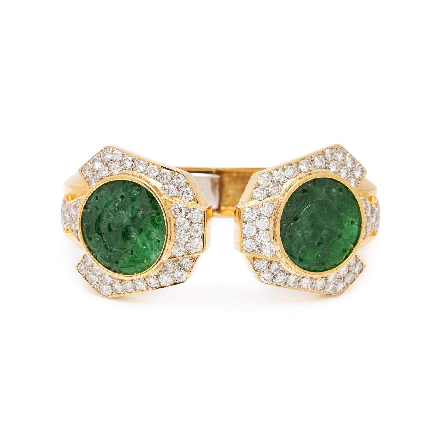 YELLOW GOLD, JADE AND DIAMOND CUFF BRACELET