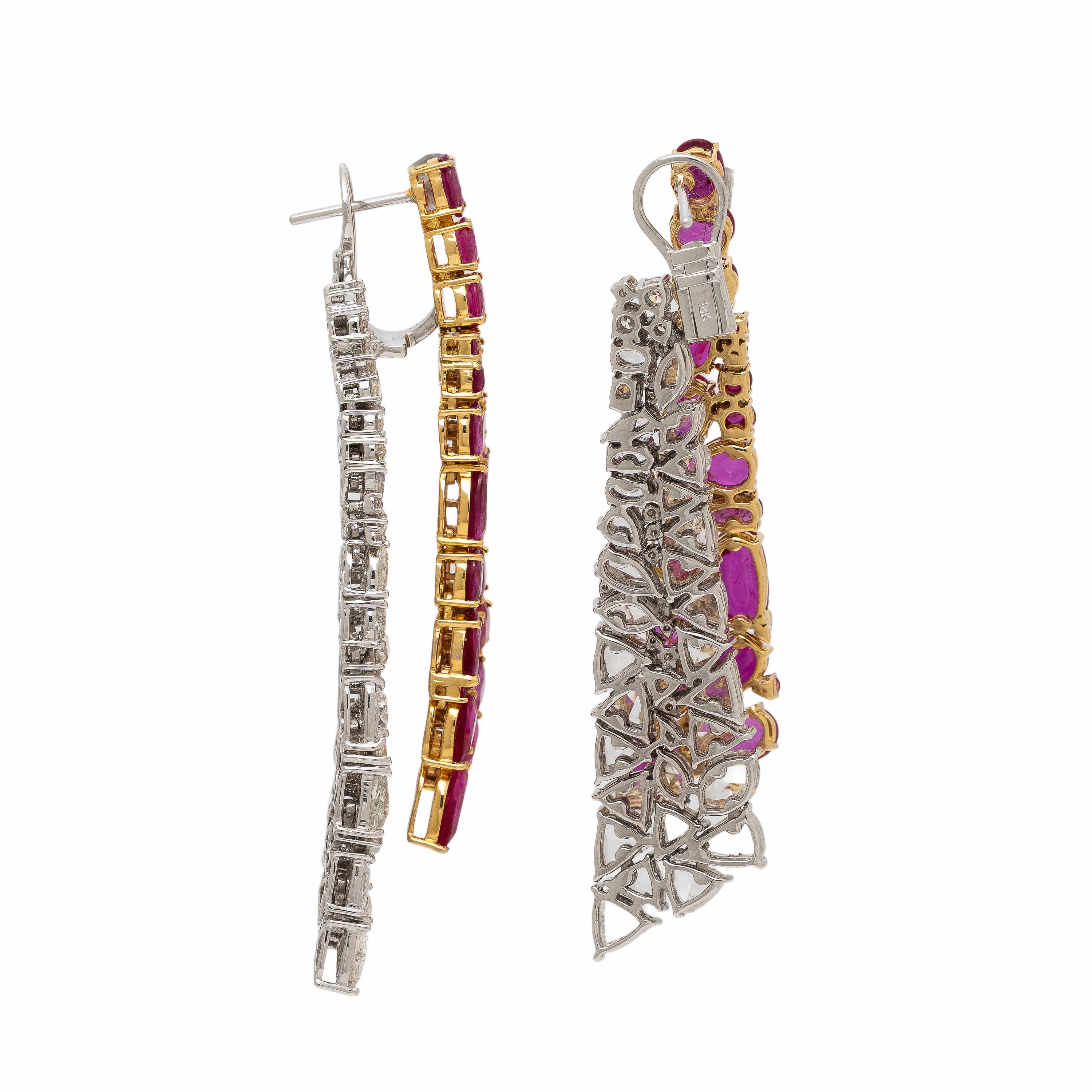 Ruby, Diamond, and Bicolor Gold Drop Earrings