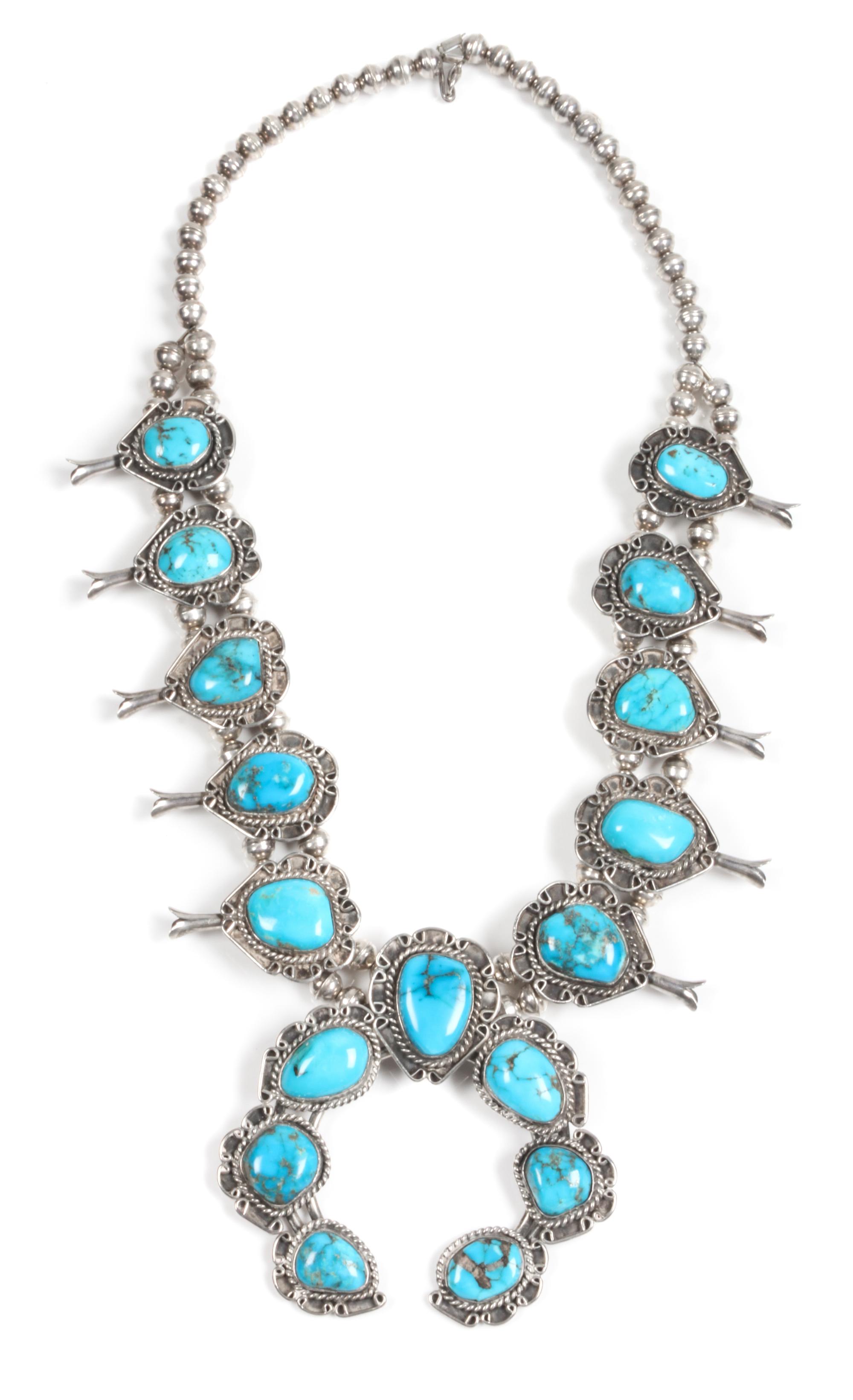 Southwestern Silver and Turquoise Squash Blossom Necklace Length 22 inches, height of naja 3 1/2 inches