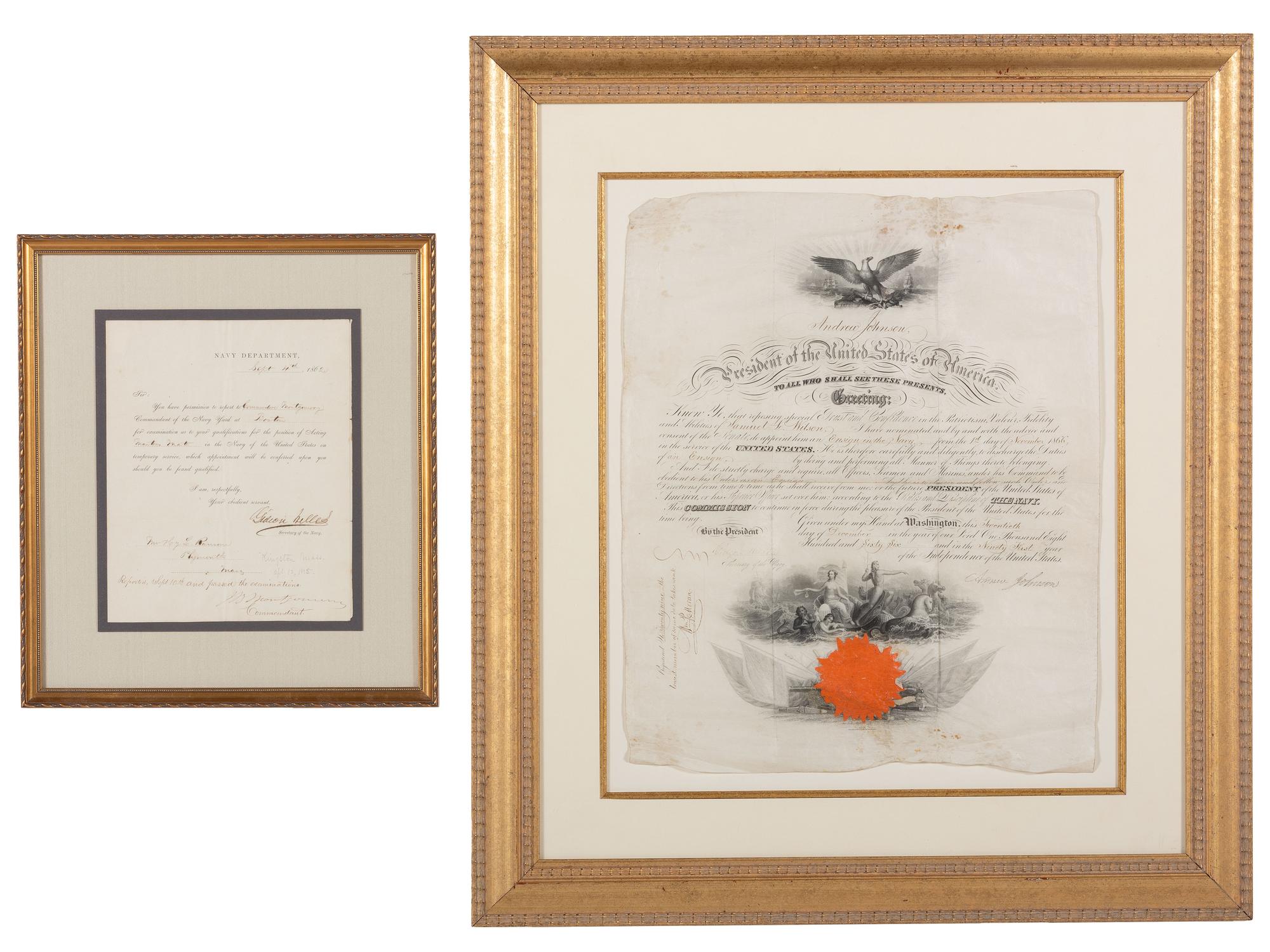 [CIVIL WAR]. Two US Navy documents issued by Andrew JOHNSON and Gideon WELLES.