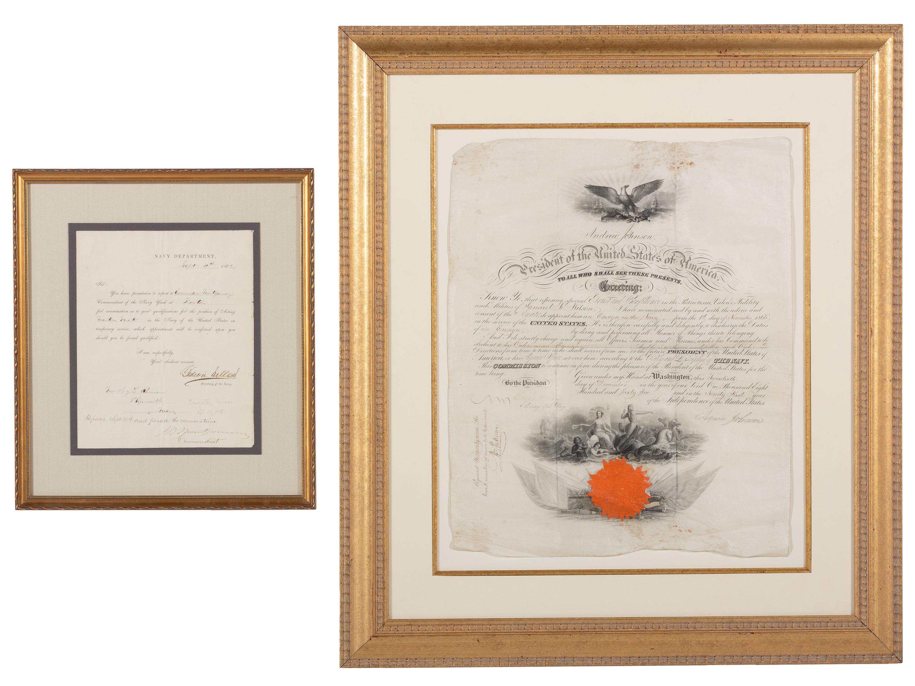 [CIVIL WAR]. Two US Navy documents issued by Andrew JOHNSON and Gideon WELLES.