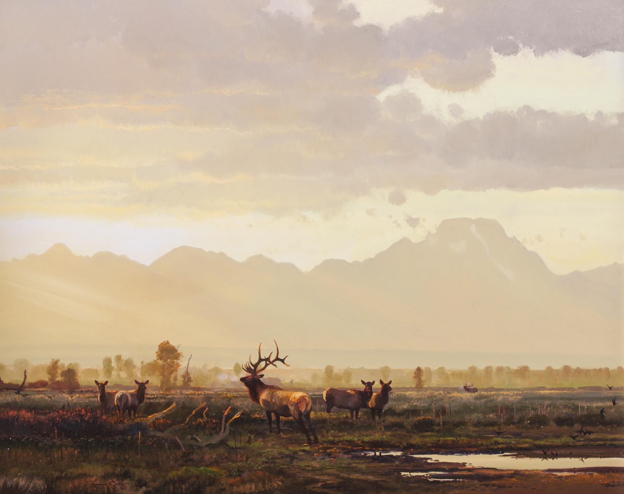 Michael B. Coleman, (American, b. 1946), Elk with Mt. Moran