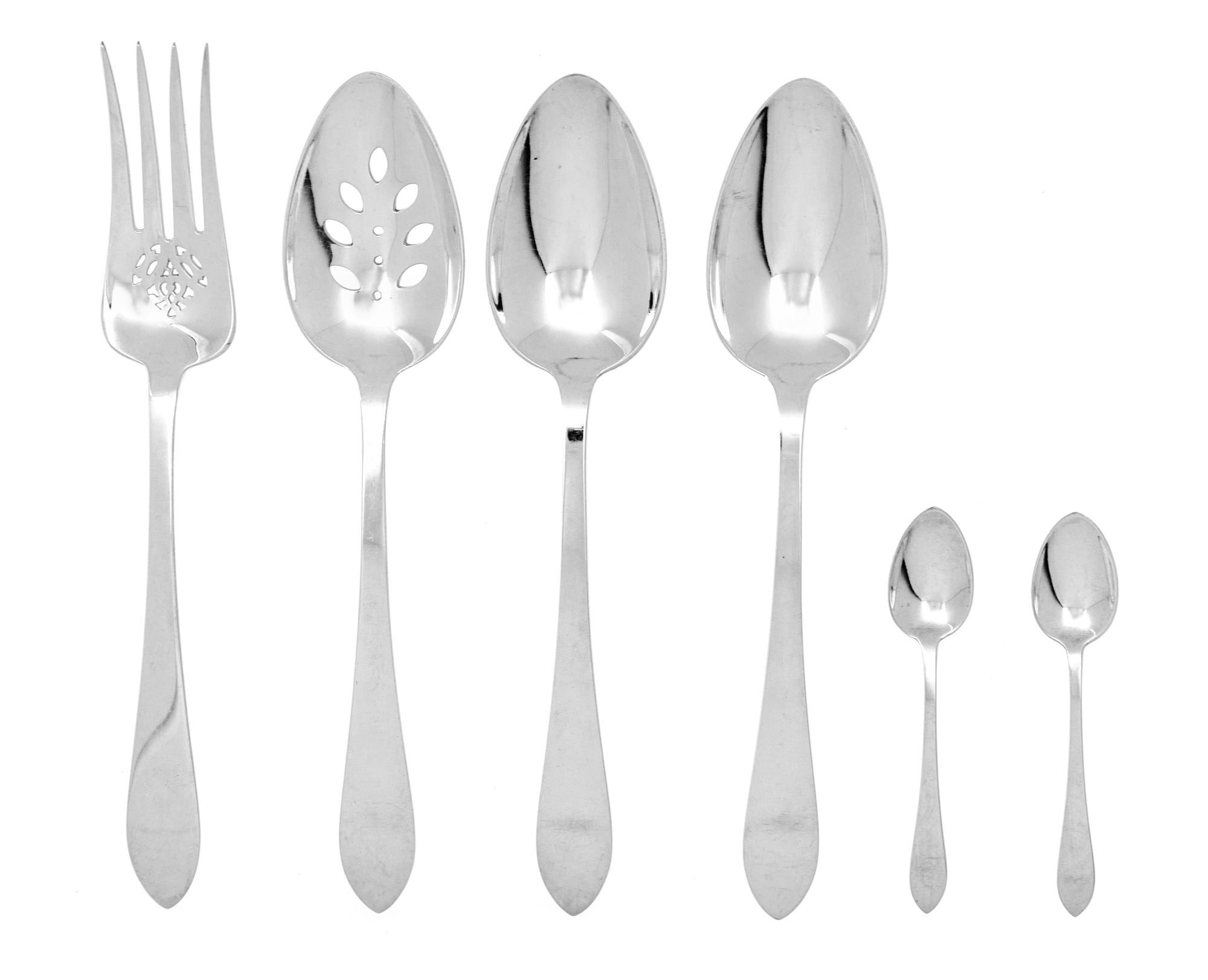 A Group of American Silver Flatware, Tiffany & Co., New York, NY, Faneuil pattern, comprising: 2 tablespoons 1 pierced serving spoon 1