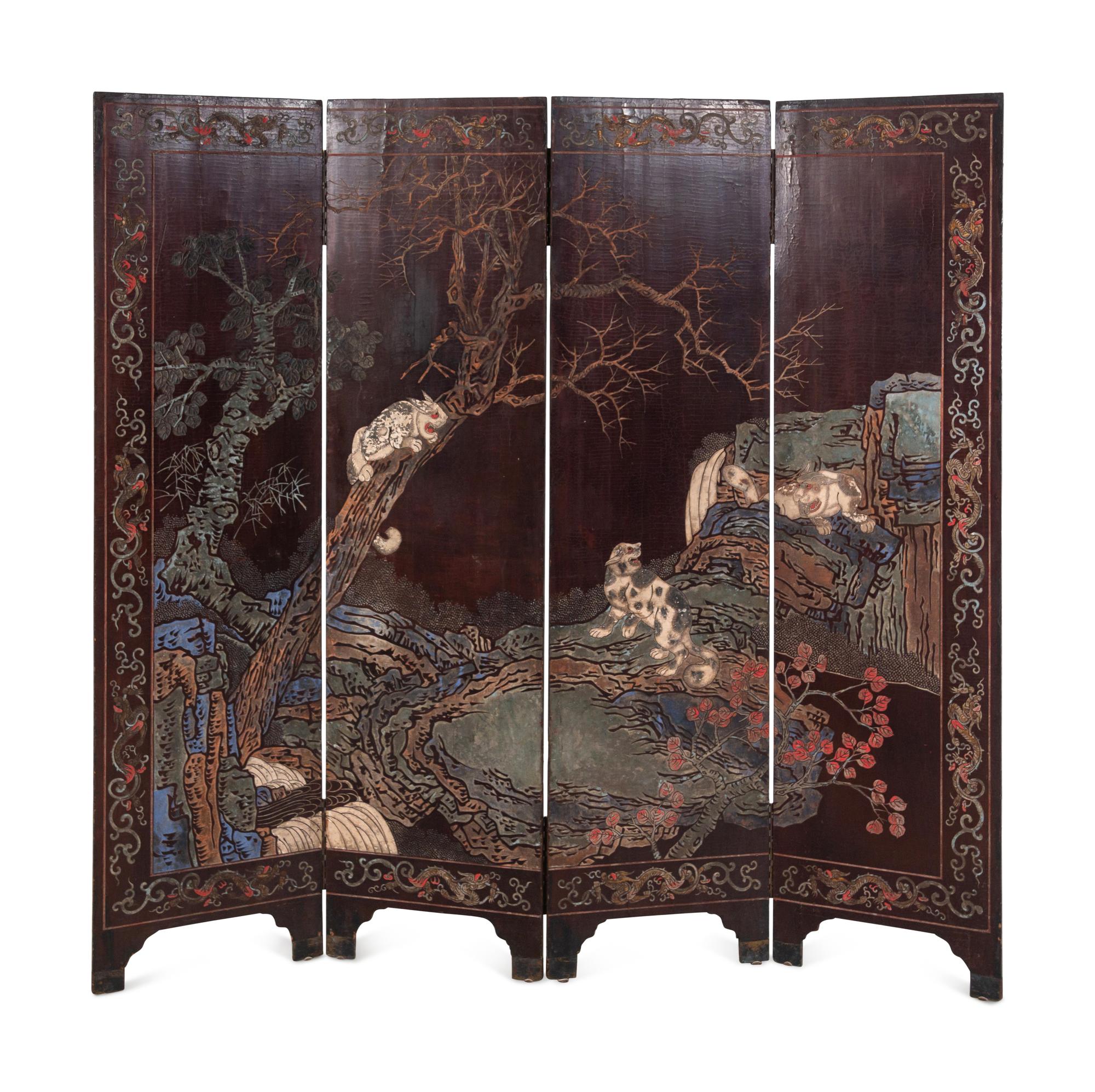 A Chinese Export Lacquer Four-Panel Screen