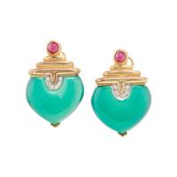 YELLOW GOLD, DYED GREEN CHALCEDONY, RUBY, AND DIAMOND EARRINGS
