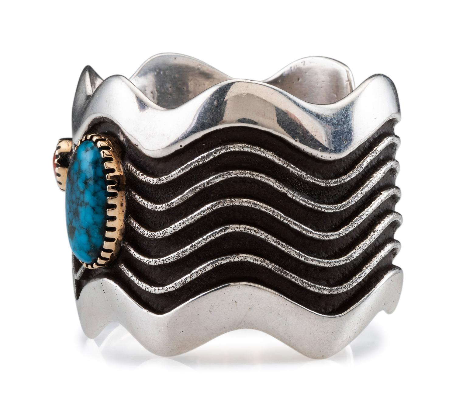 Silver Tufa Cast Wave Cuff Bracelet, set with Coral and Turquoise in 14K Gold Bezels