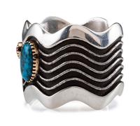 Silver Tufa Cast Wave Cuff Bracelet, set with Coral and Turquoise in 14K Gold Bezels