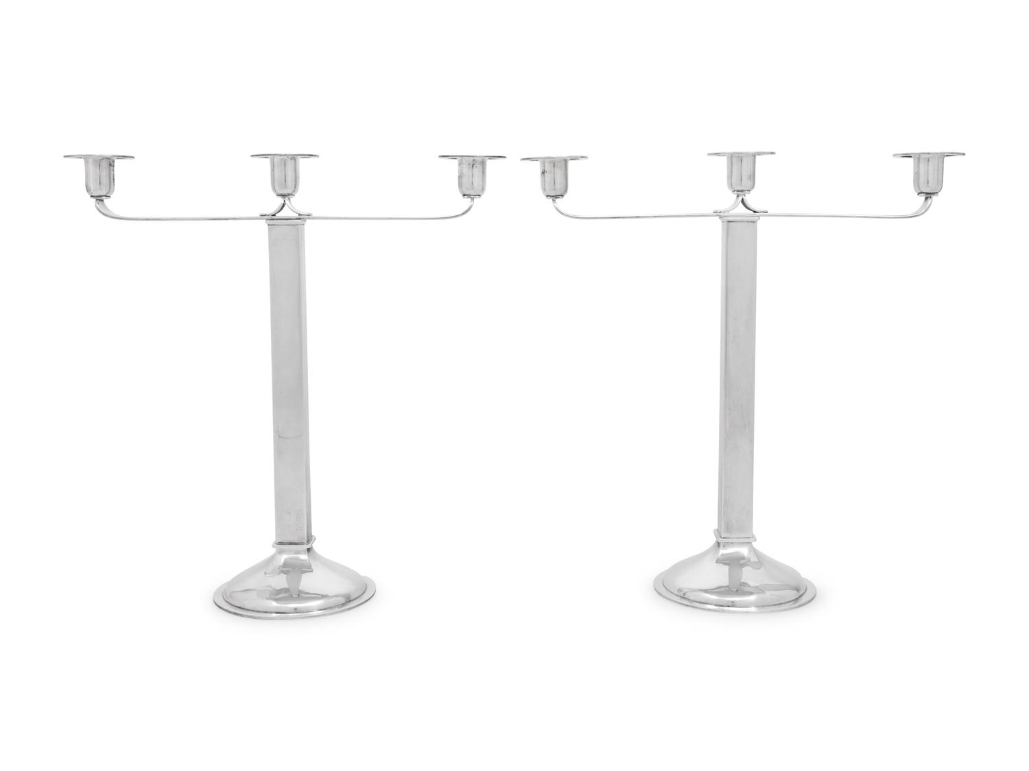 A Pair of Porter Blanchard Silver Three-Light Candelabra