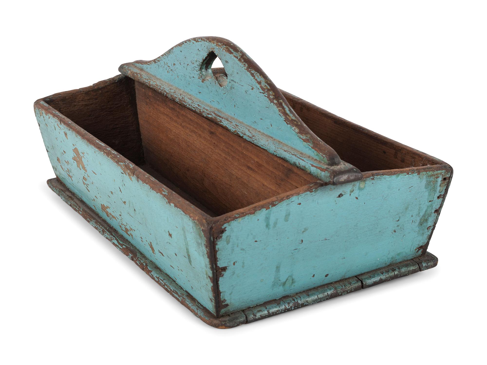 A Blue Painted Pine Cutlery Tray