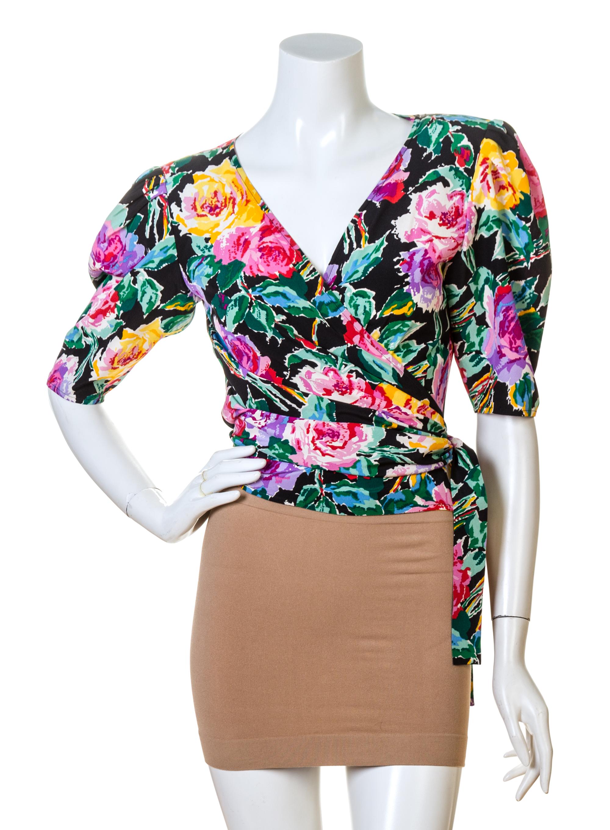 A Pair of Emanuel Ungaro Silk Floral Wrap Blouses, Black size 10, White no size.