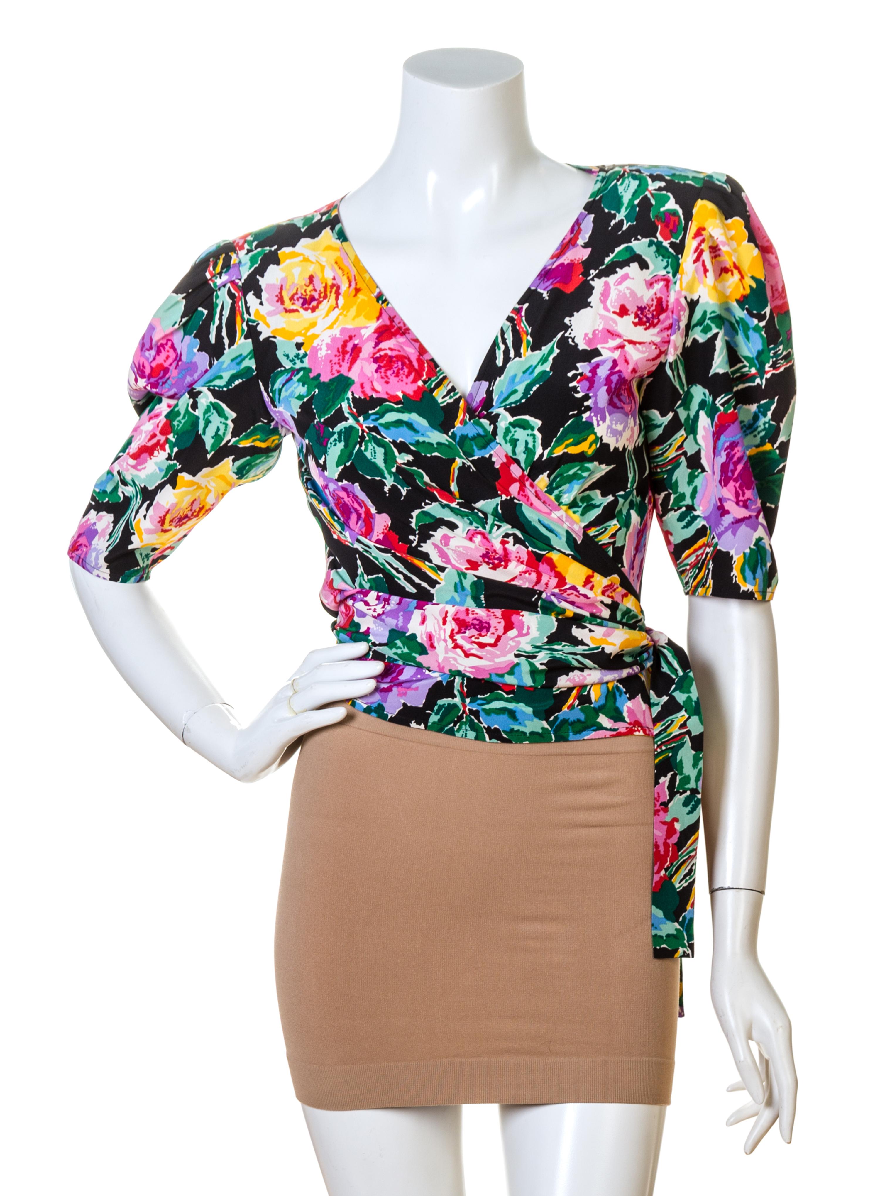 A Pair of Emanuel Ungaro Silk Floral Wrap Blouses, Black size 10, White no size.