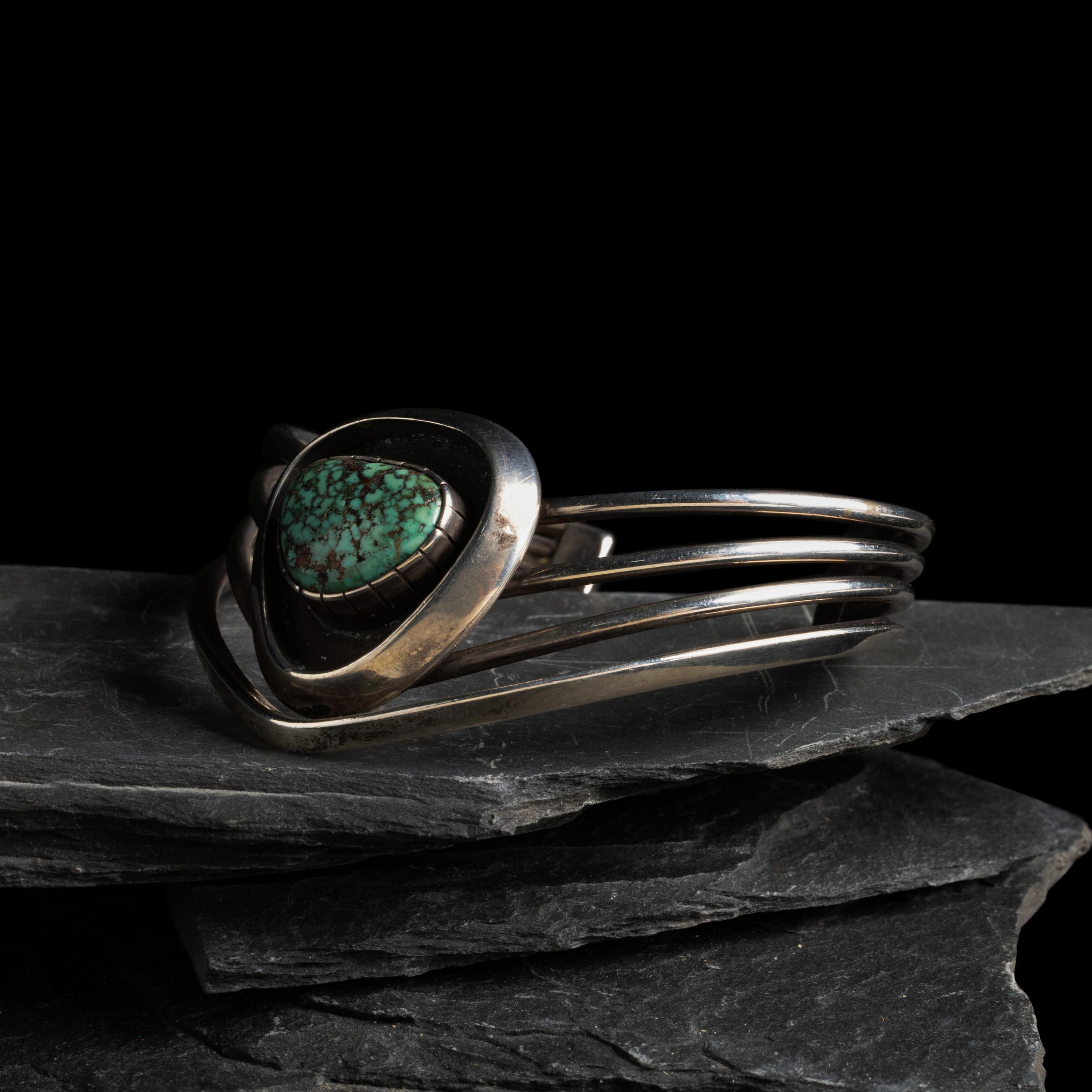 James Little (Diné, b. 1947) — Sterling Silver and Turquoise Chevron Cuff Bracelet